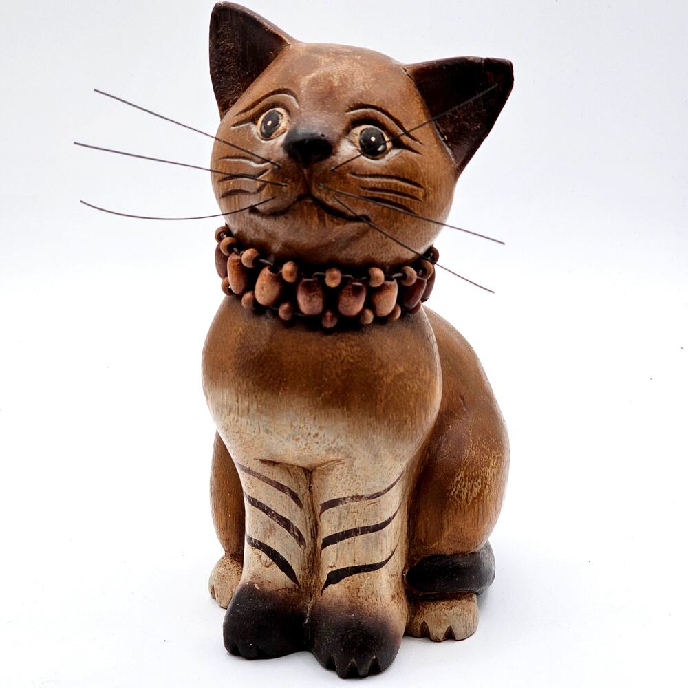 Hand Carved Wood Folk Art Cat Sculpture Vintage Whimsical Kitty Figurine 9.5”